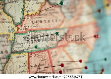 State Map of Nashville, Tennessee, United States, with Travel Pins Royalty-Free Stock Photo #2255828751