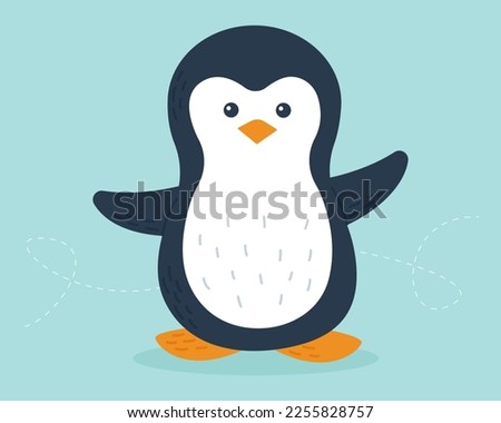 Cute penguin on a blue background. Design element. Antarctic bird, animal illustration. Vector illustration