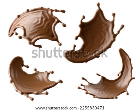 3d render, chocolate splash assorted shape collection, cacao drink or coffee, splashing cooking ingredient. Abstract brown liquid clip art set isolated on white background