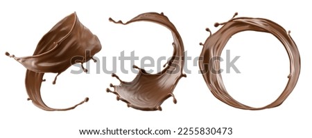 3d render, chocolate splash assorted shape collection, cacao drink or coffee, splashing cooking ingredient. Abstract brown liquid wave clip art set isolated on white background