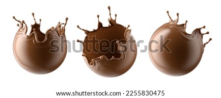 3d render, spherical shape chocolate splash collection, cacao drink or coffee, splashing cooking ingredient. Abstract brown liquid clip art set isolated on white background