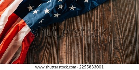 Independence Day. Above USA flag on brown old wooden background board, flag of United States America with copy space, banner design, Patriot Day, Happy presidents day
