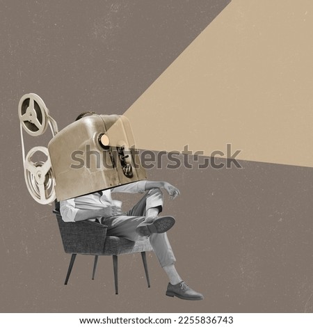 Contemporary art collage. Creative design. Movie time. Retro film player on male body sitting on chair and broadcasting movie. Concept of surrealism, creativity, retro style, imagination