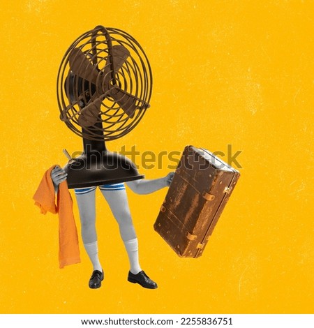 Contemporary art collage. Creative design. Vintage fan on human legs with suitcase and towel over yellow background. Summer vacation. Concept of surrealism, creativity, retro style, imagination