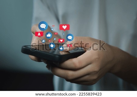 Social media and digital online concept, using smartphone and show technology icon, working from home concept, living on vacation and playing social media.