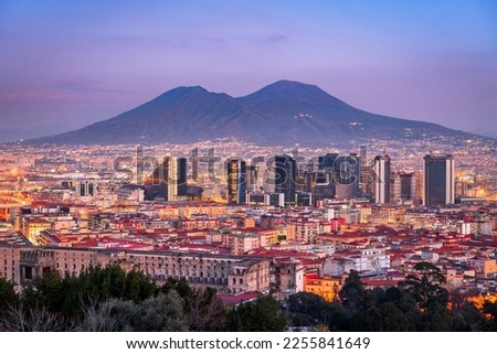 Naples, Italy with the financial district skyline under Mt. Vesuvius at twilight.
