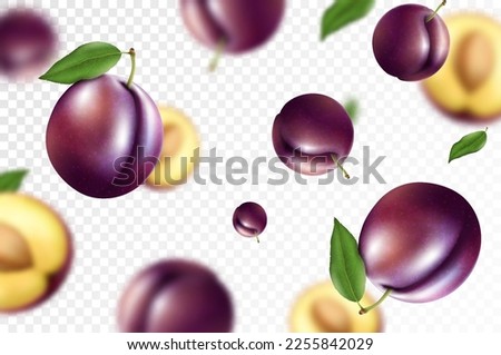 Falling plums, isolated on transparent background. Flying whole and sliced plum fruits with blurry effect. Can be used for advertising, packaging, banner. Realistic 3d vector illustration Royalty-Free Stock Photo #2255842029