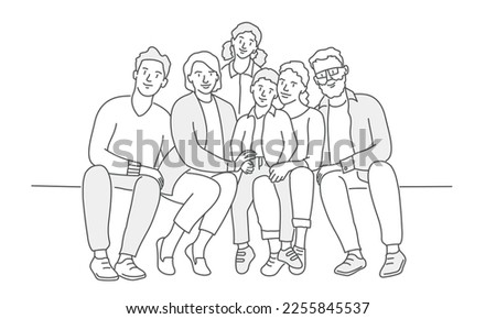 Big happy multi-generational family siblings relatives portrait. Hand drawn vector illustration.