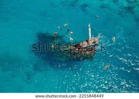 Aerial view of a sunken ship near Keyodhoo, Vaavu Atoll, Maldives, Indian Ocean. A place for tourists engaged in diving and snorkeling Royalty-Free Stock Photo #2255848449
