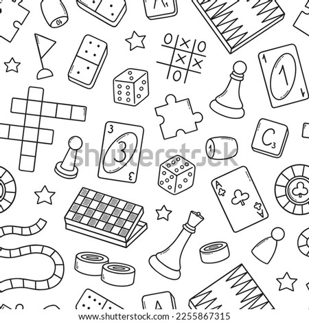 Seamless pattern of board games doodle. Checkers, chess, cards, backgammon in sketch style. Hand drawn vector illustration 