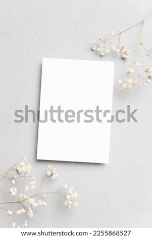 Blank minimalistic card mockup with botanical decoration, flat lay with copy space