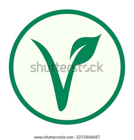 Green and cream Vegan vector graphic sign. It consists of a green circle with a leaf and a shoot, forming the letter V, for Vegan Royalty-Free Stock Photo #2255868687