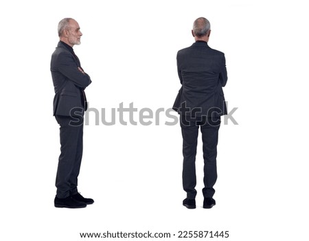 ,side and back view of same man with  arms crossed on white background