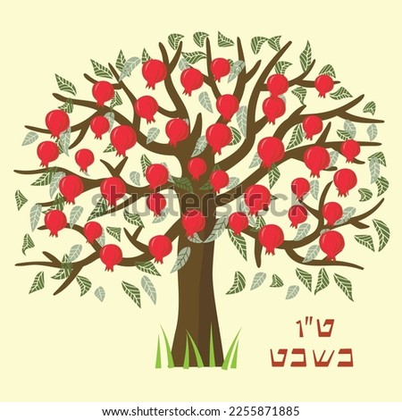 Fiat Illustration with a pomegranate tree. Tu Bishvat Holiday. New Year for Trees. Fruits. for invitations, postcards, posters