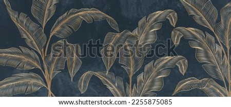 Abstract luxury art background with tropical palm leaves in blue and green colors with golden art line style. Botanical banner with exotic plants for wallpaper design, decor, print, textile