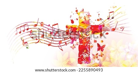 Christian cross with musical notes stave in pink and red colors. Vector illustration. Religion themed design for Christianity, church service, communion and celebrations. Church choir background
