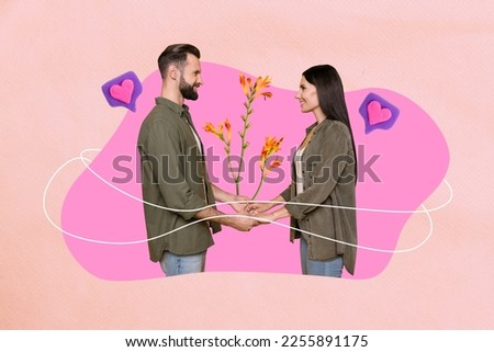 Collage 3d image of pinup pop retro sketch of dreamy cute husband wife celebrating 14 february isolated painting background