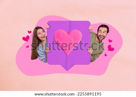 Collage artwork graphics picture of funky excited husband wife holding 14 february feedback heart isolated painting background