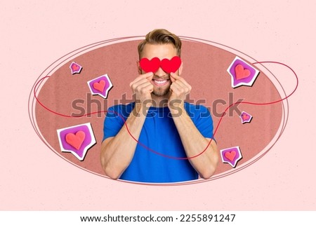 Creative photo design banner collage valentine day february holiday cover eyes red paper hearts symbols sweetheart isolated on beige background