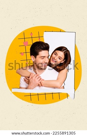 Photo of cute lovely girlfriend spend time boyfriend carefree harmony embracing support relationship placard isolated on plaid painted background