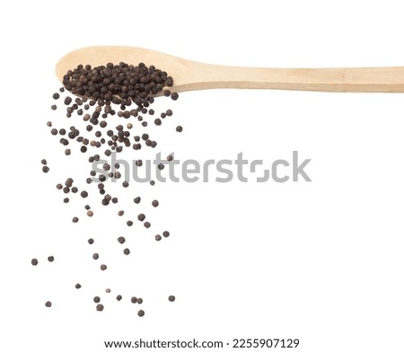 Black Pepper seeds fall down pour on wooden spoon, Black Pepper float explode, abstract cloud fly. Black Peppercorn splash throwing in Air. White background Isolated high speed shutter, freeze motion Royalty-Free Stock Photo #2255907129