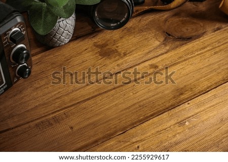 wooden table with some items. copy space