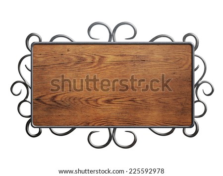 Old wood plate or sign in metal frame isolated on white