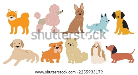 Set of simple dog doodles vector illustration. Drawing sketches of different dog breeds including a Shiba Inu, Poodle, Bulldog, Shih Tzu, Chow Chow, Dachshund, Wiener, German Shepherd, Labrador.