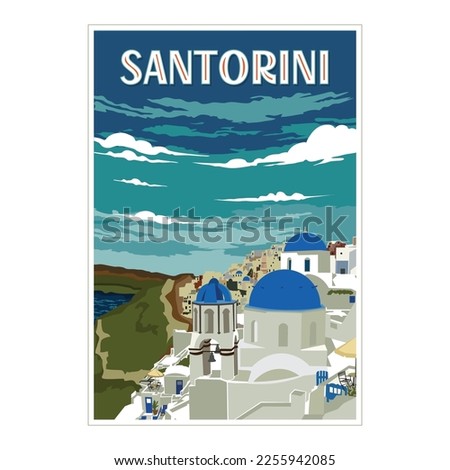 Santorini Travel Vintage Poster design, perfect for t shirt design and all type merchandise