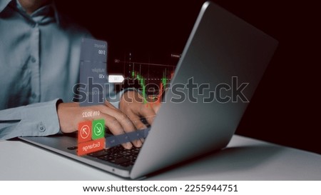 businesswoman planning and strategy, Stock market, trader or investor working at home. Technical price graph and indicator, red and green candlestick chart and stock trading computer screen background