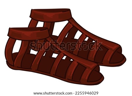 Leather shoes or sandals with thin straps, isolated comfortable ancient footwear for mayan people. Old civilizations accessories and boots, clothing and traditional outfits. Vector in flat style Royalty-Free Stock Photo #2255946029