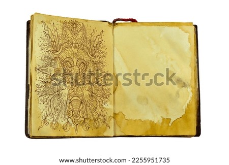 Old book page with hand drawn mystic illustration and symbols for witch magic spell against paper background. Gothic, occult and esoteric concept with copy space. Ancient scrolls isolated on white.