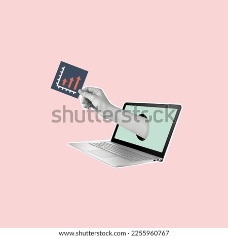 Composition from hand, diagram and laptop. Modern art collage. Company growth and success strategy. Business concept. Copy space. Royalty-Free Stock Photo #2255960767