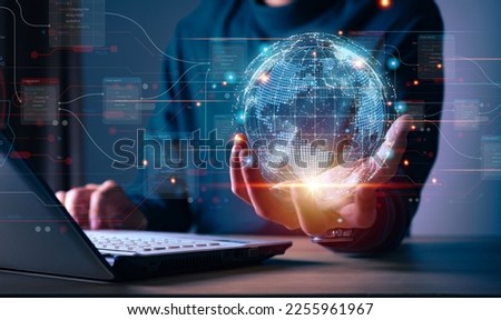 Businessman holding hologram of Global business network connection, Analyzation big data and business intelligence concept, Global business and digital link tech. Royalty-Free Stock Photo #2255961967