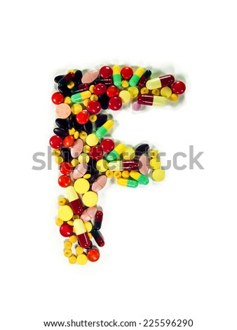 Colorful drug character "F", white isolate, studio shot.