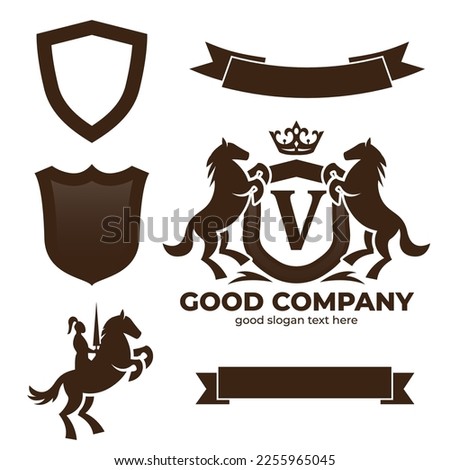 Letter V Retro Crest With Shield And Two Horses Vector, heraldic shield with crown, horse silhouette