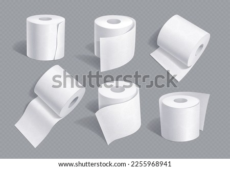 Realistic set of toilet paper mockups isolated on transparent background. 3D vector illustration of soft white hygiene tissue rolls for bathroom or lavatory, various view Royalty-Free Stock Photo #2255968941