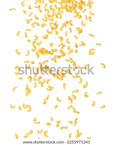 Macaroni fall down in group, yellow macaronis pasta float explode, abstract cloud fly. Curved macaroni pasta splash throwing in Air. White background Isolated high speed shutter, freeze motion Royalty-Free Stock Photo #2255971241