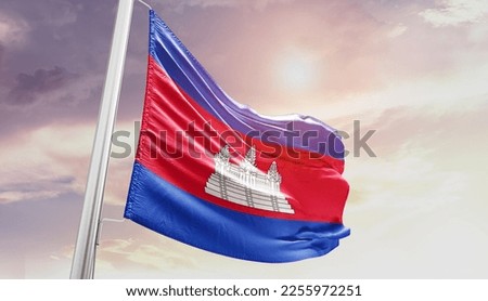 Cambodia national flag waving in the sky.