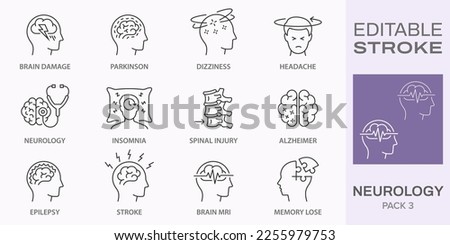 Neurology icons, such as alzheimer, parkinson, insomnia, epilepsy and more. Editable stroke. Royalty-Free Stock Photo #2255979753