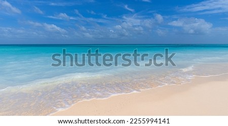 Tranquil seascape. Relaxing sunny beach panorama summer vacation holiday panoramic banner. Waves surf with amazing blue ocean lagoon, sea shore, coastline. Beautiful bright beach, seaside vacation