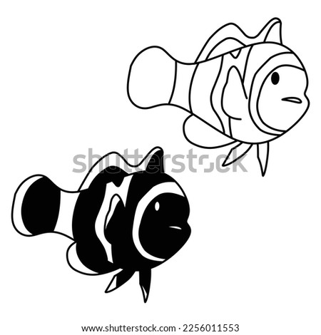 Black nemo clown fish on white background. clown fish, aquarium fish, coral, reef, seafood, pet, cute, tropical, anemone fish, black,  vector illustration.