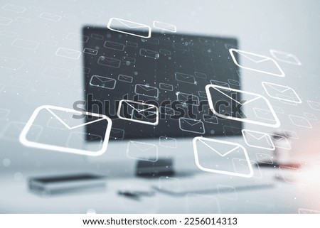 Creative abstract postal envelopes hologram on modern computer background, email and notification concept. Multiexposure
