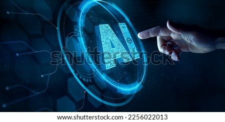 Artificial intelligence and machine learning technology with finger touching AI button on virtual screen interface. Engineer working with chatbot, smart assistant, innovative neural network and data. Royalty-Free Stock Photo #2256022013