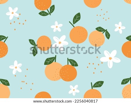 Seamless pattern with orange fruit with white flower on green mint background vector illustration. Royalty-Free Stock Photo #2256040817
