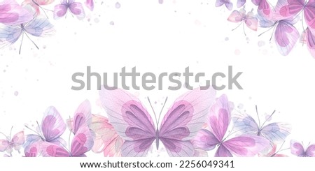 Lilac, pink and blue butterflies Watercolor illustration. Composition from the collection of CATS AND BUTTERFLIES. For the design and decoration of prints, postcards, posters