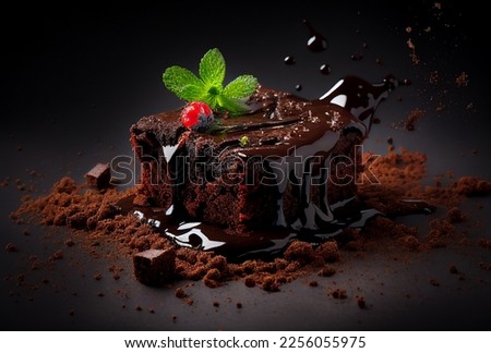 Brownie Brownies chocolate syrup closeup isolated on background with dark background. cafe restaurant menu poster. closeup view