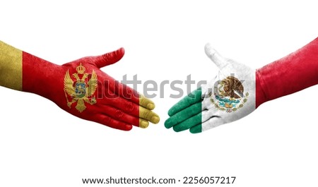 Handshake between Mexico and Montenegro flags painted on hands, isolated transparent image.