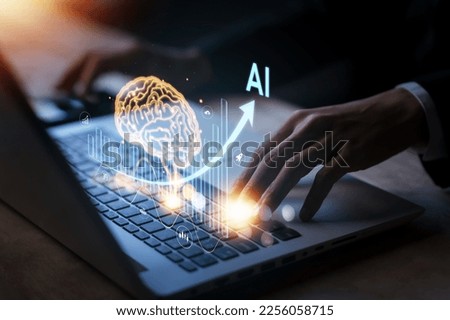 AI (Artificial intelligence) growing with brain. Businessman data analytics information trends with laptop (notebook). Business technology link digital marketing. Big data and Financial banking. Royalty-Free Stock Photo #2256058715