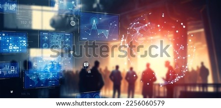 Group of people in the office and digital data concept. Wide angle visual for banners or advertisements.